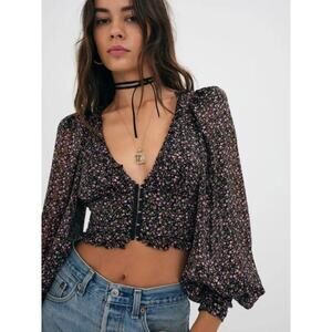 For Love & Lemons Black Long Sleeve Floral Sheet Top Size XS